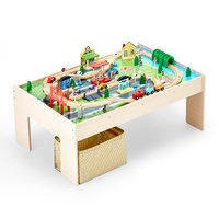Train Table, 84 Multicolor Pieces Wooden Kids Activity Table with Collapsible Storage Bin, 3-in-1 Wooden Train Set for Gaming, Drawing, Reading, Eatin