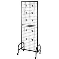 Grid Wall Panel, 600 x 1640 mm Wire Grid Panels Display Rack, Movable Art Display Shelf with Wheels and 10 Hooks, Black Carbon Steel Gridwall for Craf