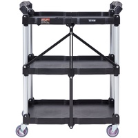 Foldable Utility Service Cart, 3 Shelf 165LBS Heavy Duty Plastic Rolling Cart with Lockable Wheels, Ergonomic Handle, Portable Garage Tool Cart for Wa