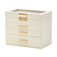 4 Layer Jewelry Box PU Leather Jewellery Organizer Multi-functional Storage Case with Clear Glass Lid and 3 Drawers for Necklaces Rings Earrings Watch