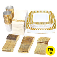 175pcs Food-Grade Wedding Event Banquet Disposable Tableware Dinnerware Gold-Edged Plastic Cutlery Pack of 25 Dining Sets Square Plates Cutlery Napkin