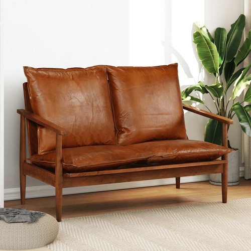 2-Seater Sofa Real Leather with Acacia Wood Brown