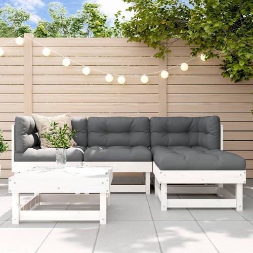 5 Piece Garden Lounge Set with Cushions White Solid Wood