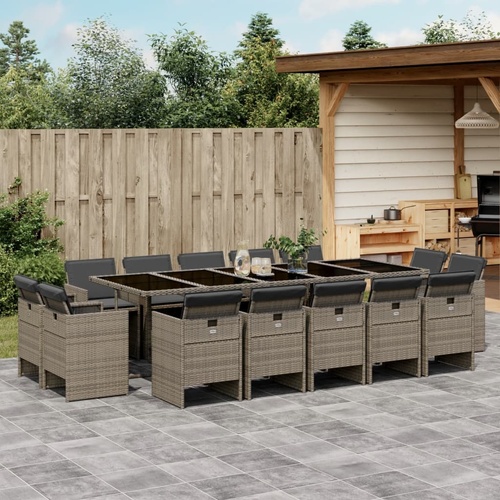 15 Piece Garden Dining Set with Cushions Grey Poly Rattan