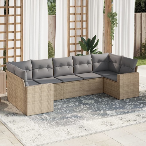 7 Piece Garden Sofa Set with Cushions Beige Poly Rattan