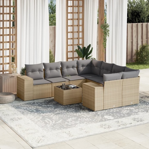 9 Piece Garden Sofa Set with Cushions Beige Poly Rattan