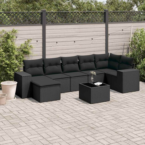 8 Piece Garden Sofa Set with Cushions Black Poly Rattan