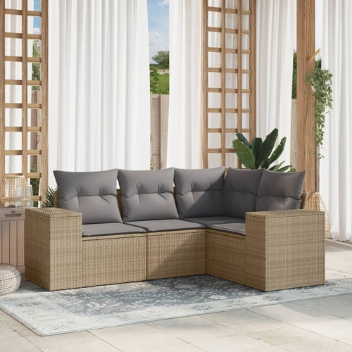 4 Piece Garden Sofa Set with Cushions Beige Poly Rattan