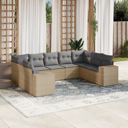 9 Piece Garden Sofa Set with Cushions Beige Poly Rattan