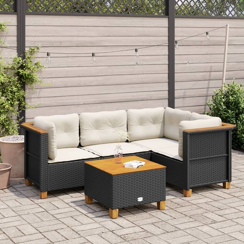 5 Piece Garden Sofa Set with Cushions Black Poly Rattan