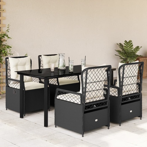 5 Piece Garden Dining Set with Cushions Black Poly Rattan