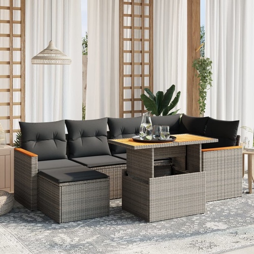 7 Piece Garden Sofa Set with Cushions Grey Poly Rattan