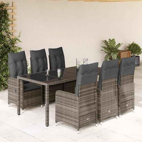 7 Piece Garden Bistro Set with Cushions Grey Poly Rattan