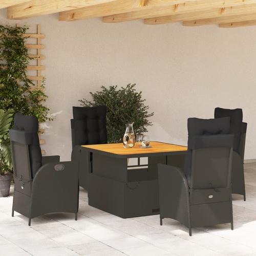 5 Piece Garden Dining Set with Cushions Black Poly Rattan