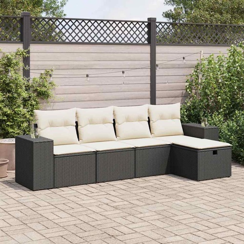 5 Piece Garden Sofa Set with Cushions Black Poly Rattan