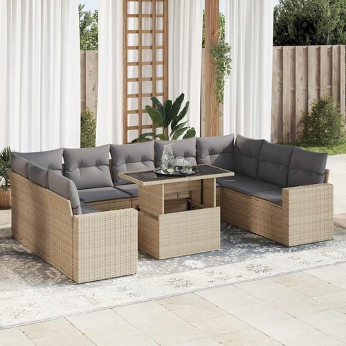 10 Piece Garden Sofa Set with Cushions Beige Poly Rattan