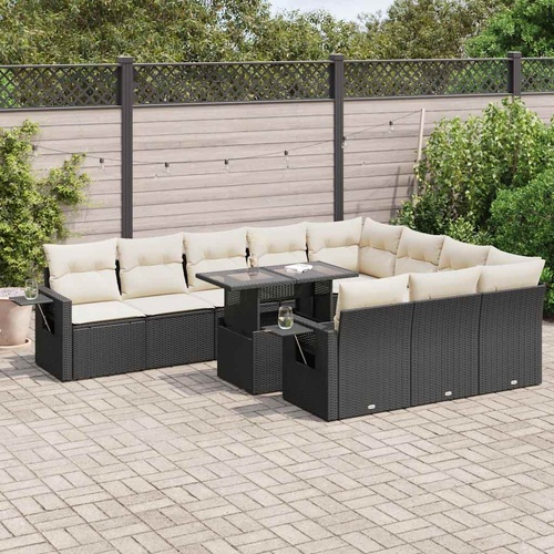 11 Piece Garden Sofa Set with Cushions Black Poly Rattan