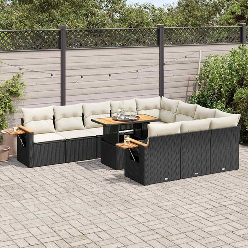 10 Piece Garden Sofa Set with Cushions Black Poly Rattan Acacia
