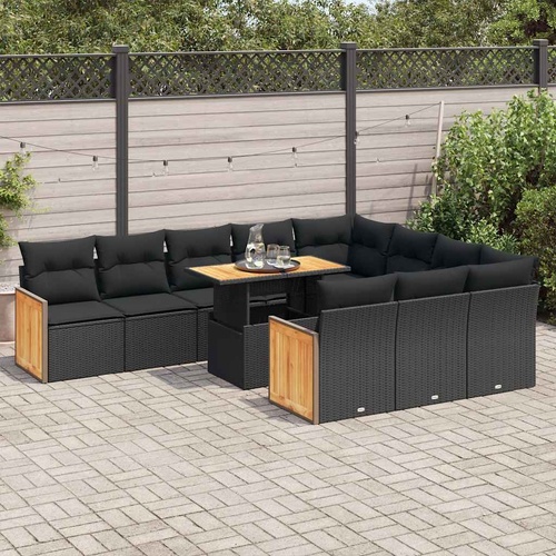 11 Piece Garden Sofa Set with Cushions Black Poly Rattan Acacia