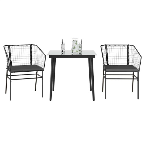 3 Piece Garden Dining Set with Cushions Black Poly Rattan Glass
