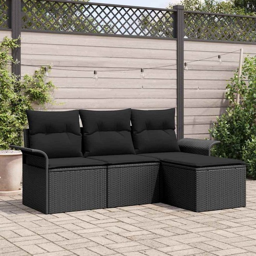 Sofa Set with Cushion 4 pcs Black Poly Rattan