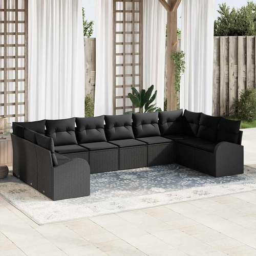 Sofa Set with Cushion 10 pcs Black Poly Rattan