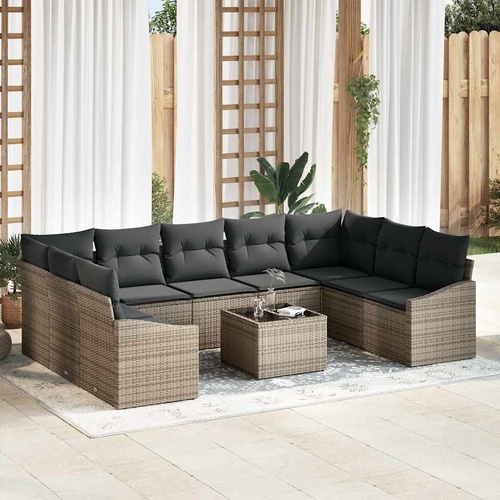 Sofa Set with Cushion 10 pcs Grey Poly Rattan