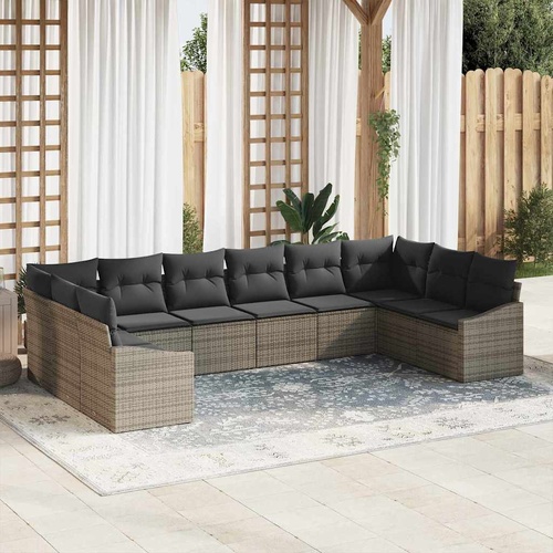 Sofa Set with Cushion 10 pcs Grey Poly Rattan