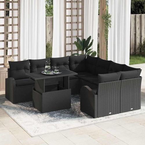 Garden Sofa Set with Cushion 9 pcs Black Poly rattan