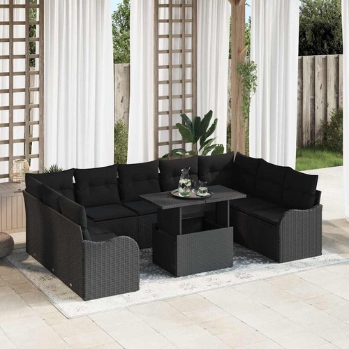 Garden Sofa Set with Cushion Manual 10 pcs Black Poly Rattan