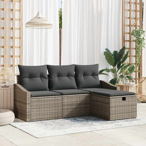 Sofa Set with Cushion with Storage 4 pcs Grey Poly Rattan