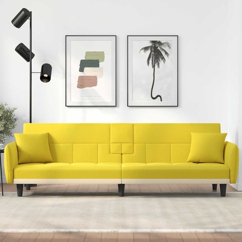 Sofa Bed with Cup Holders Light Yellow Fabric