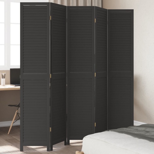 Room Divider 5 Panels Black Solid Wood Paulownia