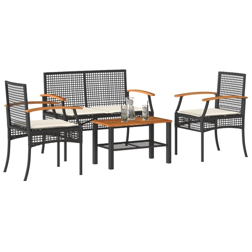 4 Piece Garden Lounge Set with Cushions Black Poly Rattan