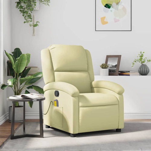 Massage Recliner Chair Cream Real Leather