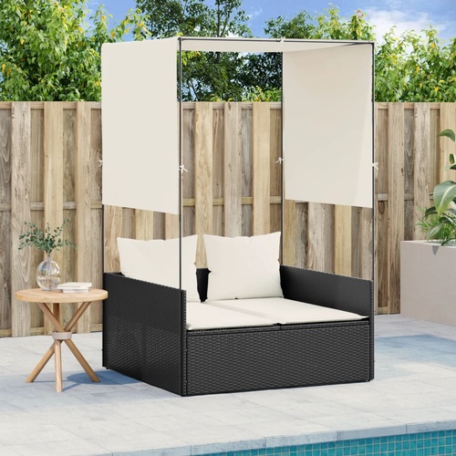 Double Sun Lounger with Roof and Curtains Black Poly Rattan