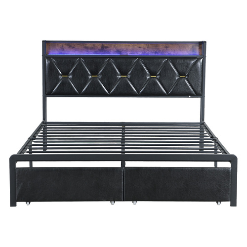 Levede Double Metal Bed Frame LED Lights 2 Drawers