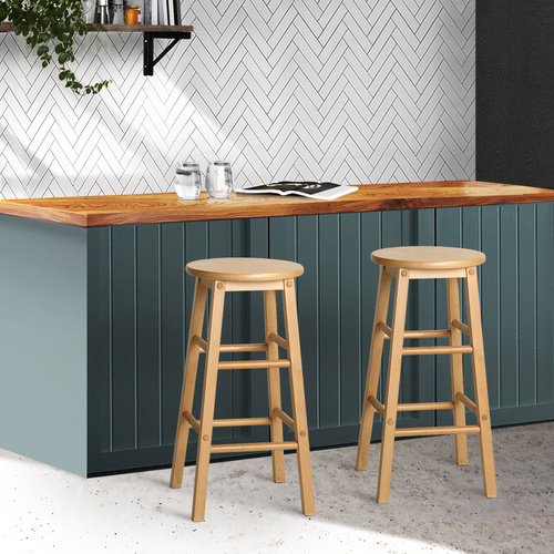 Set of 2 Beech Wood Backless Bar Stools Round