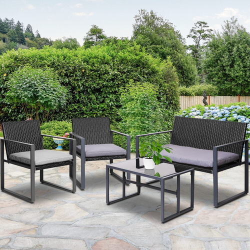 4 PCS Outdoor Sofa Set Rattan Furniture Black