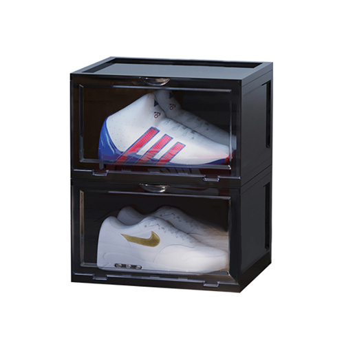 Portable Shoe Organiser Sneaker Footwear Folding Plastic Bin Stackable Storage Box with Magnetic Door Black