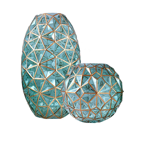 Colored Diamond Cut Glass Flower Vase Round Jar Home Decor with Gold Accent Green