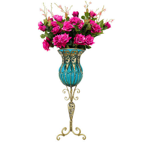 85cm Glass Tall Floor Vase and 12pcs Dark Pink Artificial Artificial Flower Set