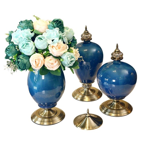 3x Ceramic Oval Flower Vase with Flower Set