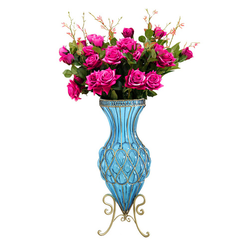 67cm Glass Tall Floor Vase and 12pcs Dark Pink Artificial Artificial Flower Set