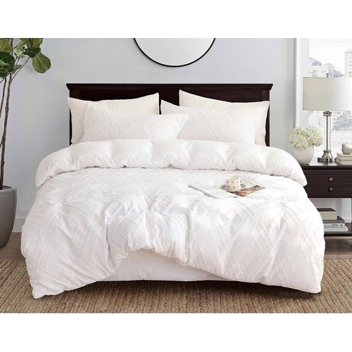 Tufted Diamond Jacquard White Duvet Doona Quilt Cover Set