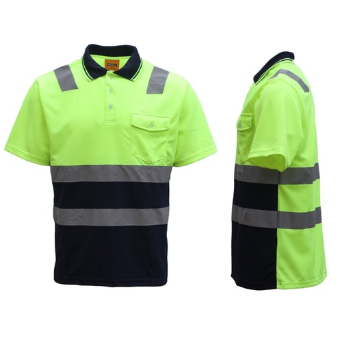 HI VIS Short Sleeve Workwear Shirt w Reflective Tape Cool Dry Safety Polo 2 Tone, Fluoro Yellow / Navy