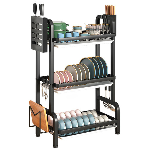 3 Tier 62 cm Steel Black Kitchen Countertop Drying Rack Dish Plate Cutlery Cutting Board Holder Dish Drainer Kitchen Organiser
