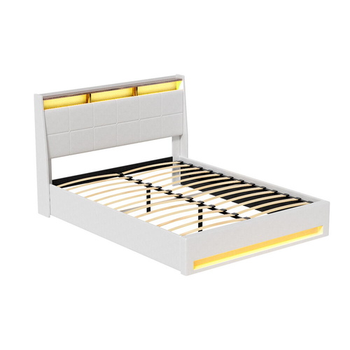 Bed Frame Gas Lift LED Beds Base Platform White PVC Leather Storage Headboard
