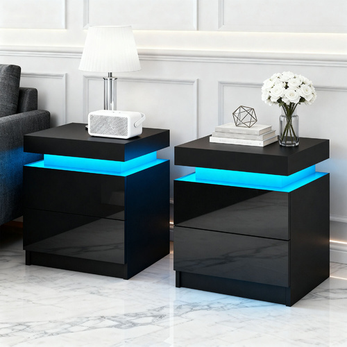 2X Bedside Table LED 2 Drawers Lift-up Storage - COLEY