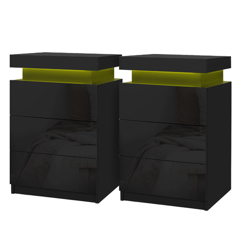 2X Bedside Table LED 3 Drawers - COLEY